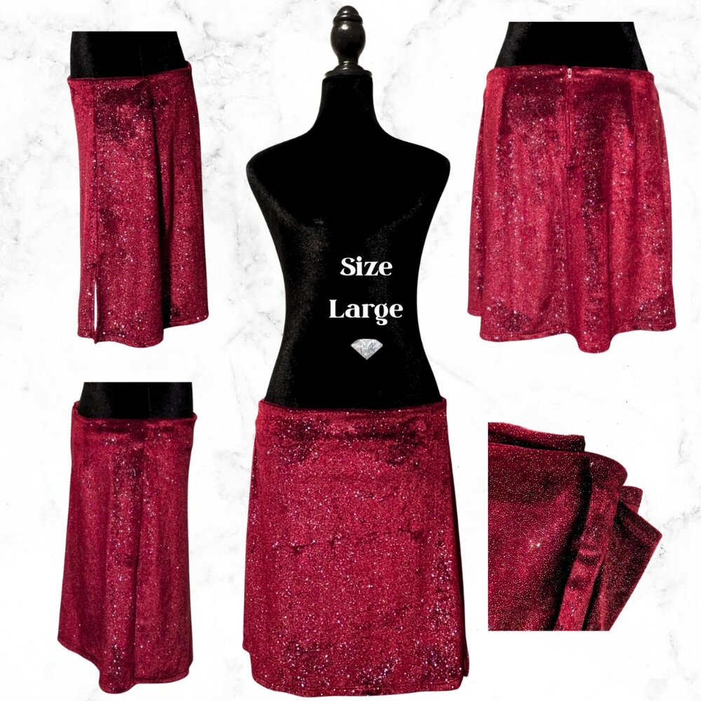{originality.} Red Bodycon Midi Skirt With Rhinestone Embellishments & Side Slit